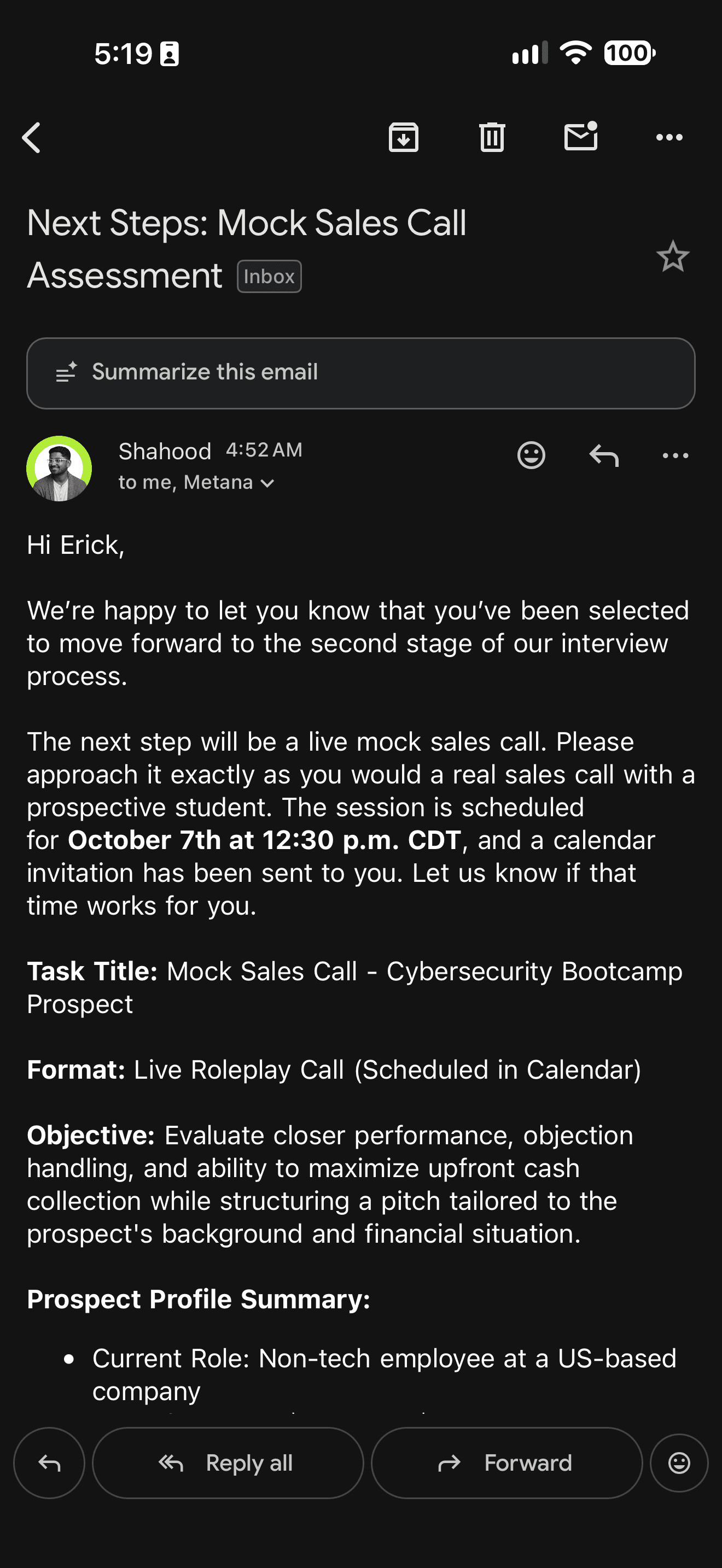 Email to Erick inviting him to the second stage of an interview process: a live mock sales call assessment.